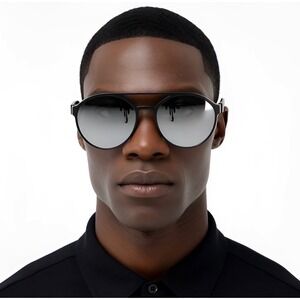 Mens Designer Circle Sunglasses Fashion Silver Mirror Lens Black Side Shield New